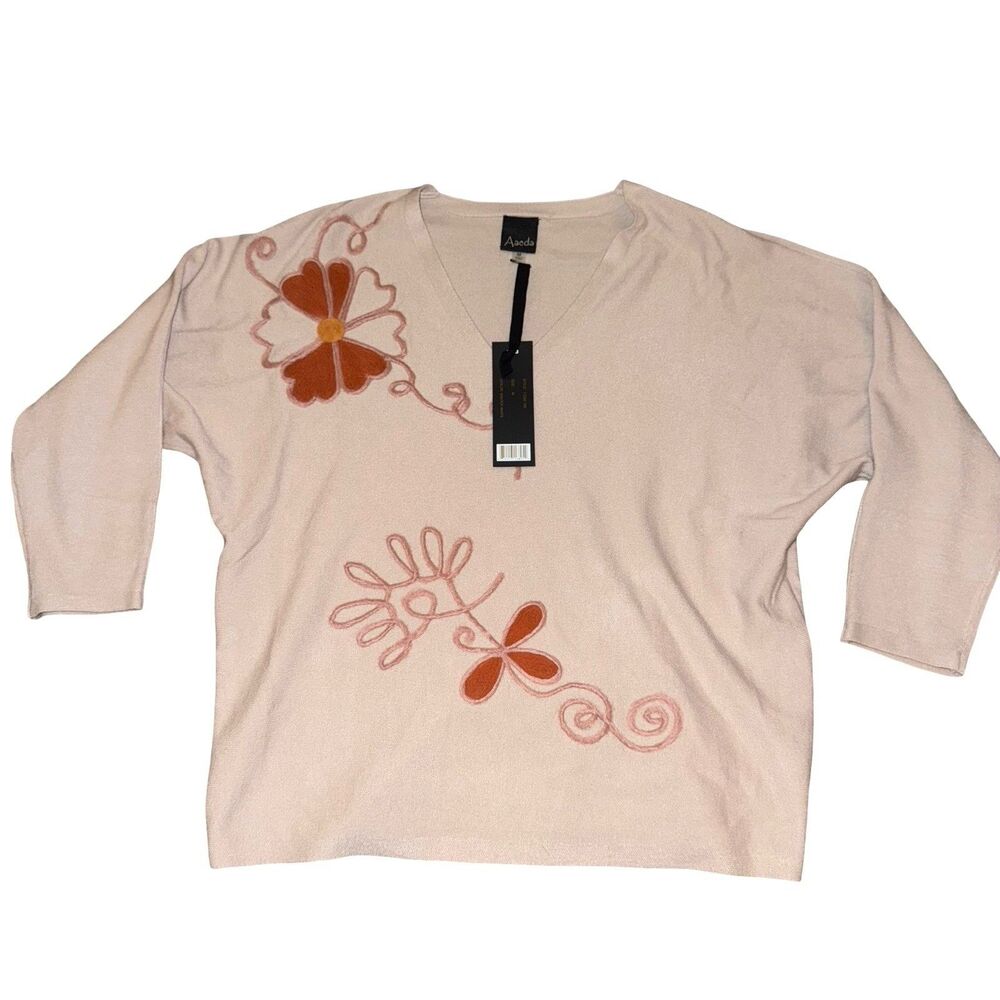 New Aaeda‎ Flower Knit Sweater M Felted Floral White Stretch Quarter Sleeve NWT